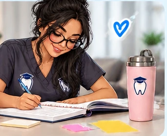 Illustration of a dental nurse in navy scrubs and glasses studying with an open revision notebook
